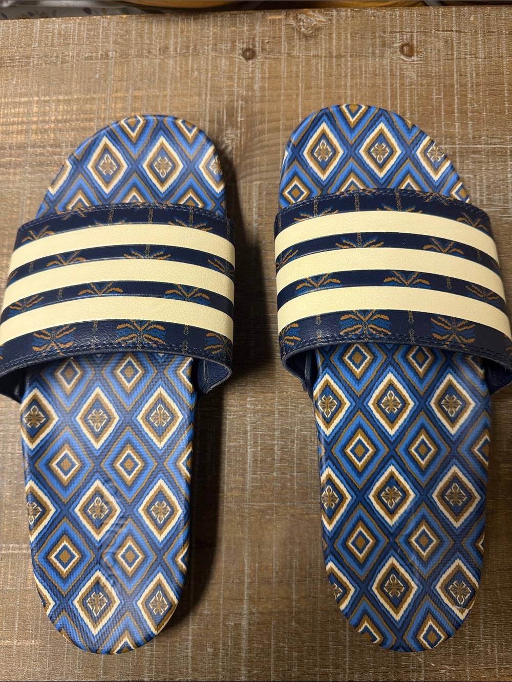 Women’s Blue Geometric Slide Sandals with Cream Straps